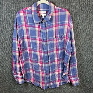 Treasure & Bond Blue/Pink Plaid Women's Button Down Shirt flannel boyfriend sz L